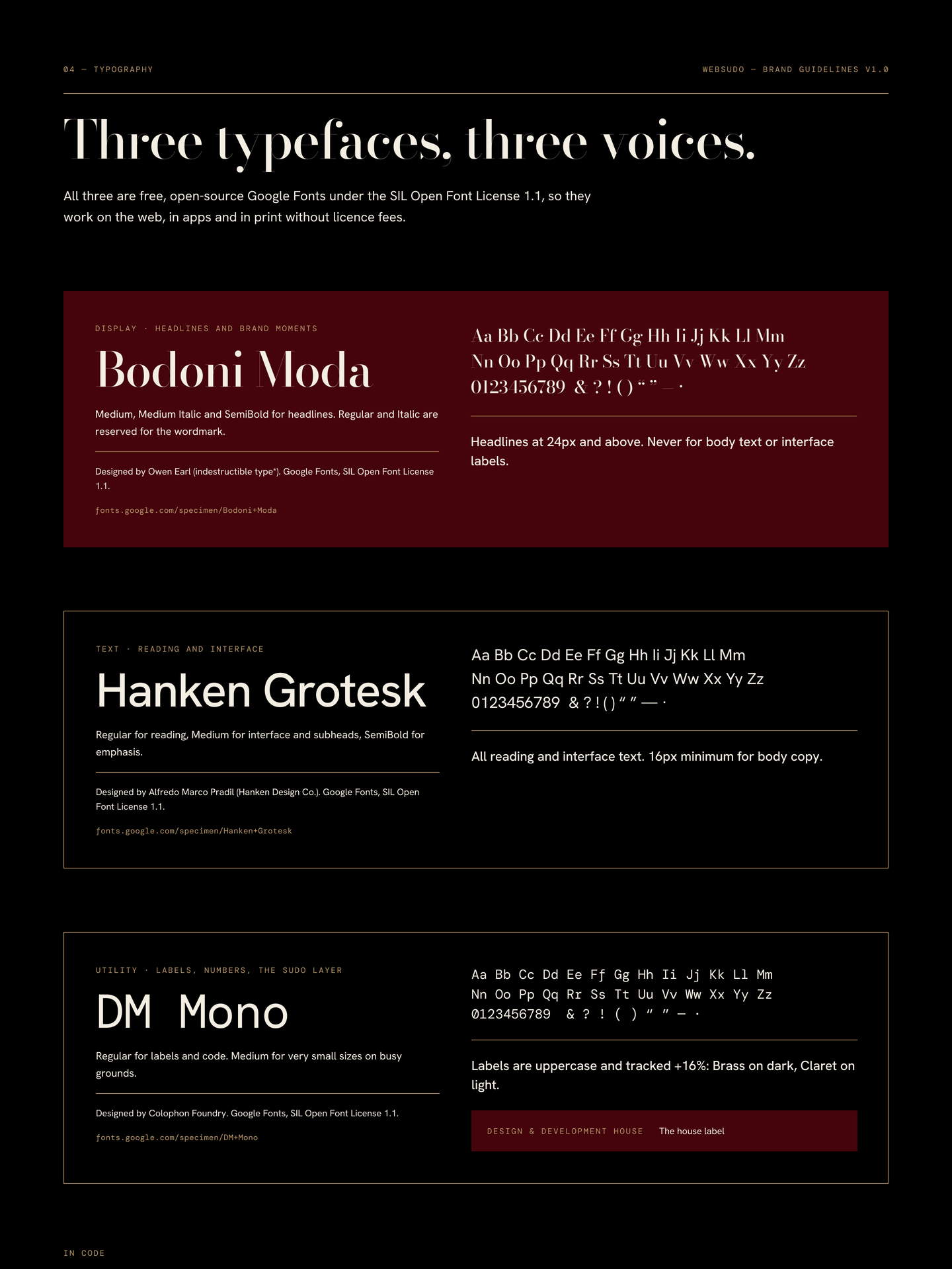 The typefaces page: Bodoni Moda, Hanken Grotesk and DM Mono.